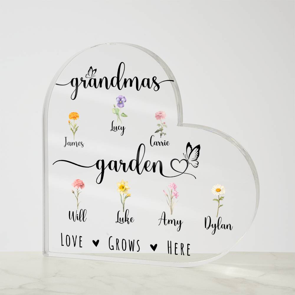 Grandma's Garden Heart Acrylic Plaque - Love Grows Here