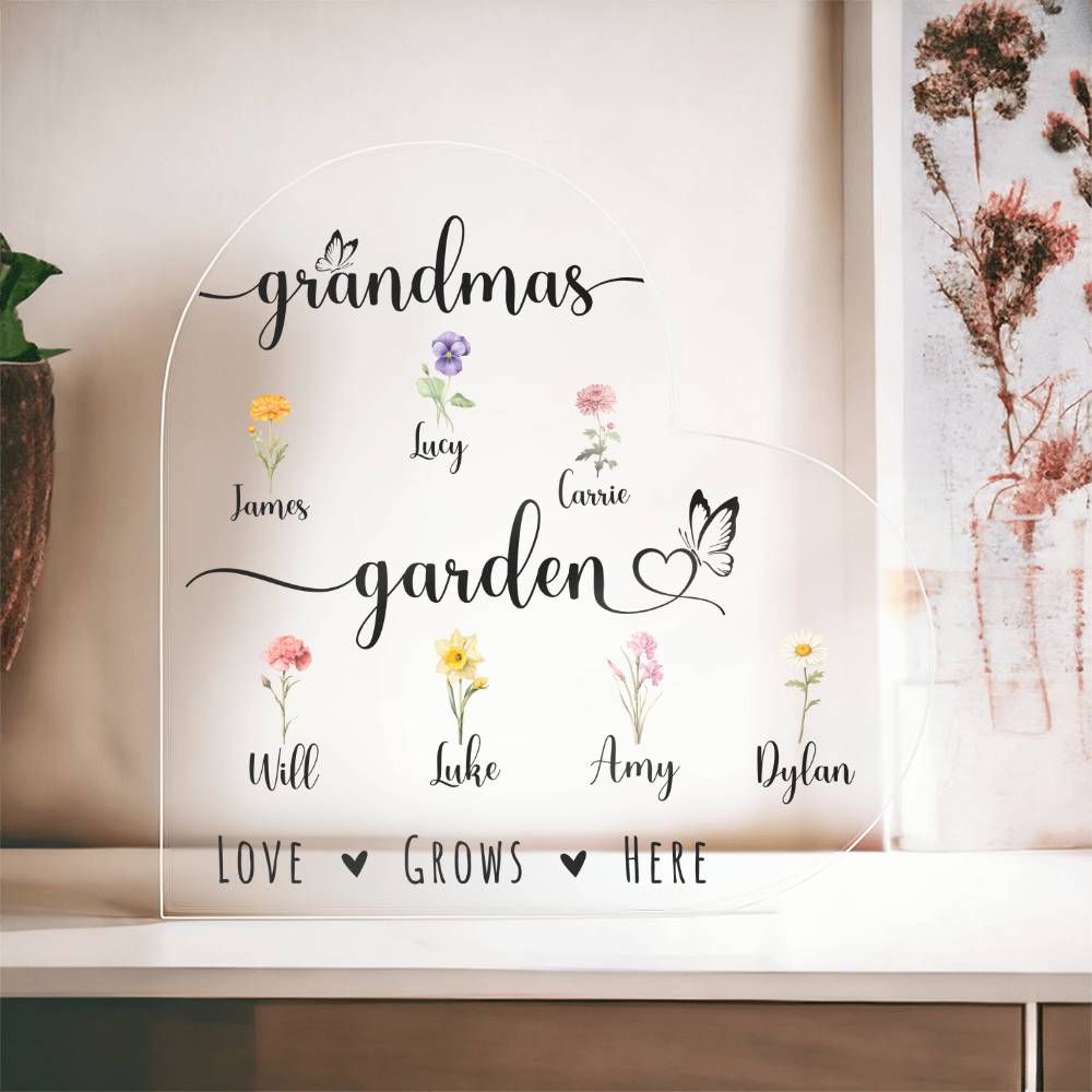Grandma's Garden Heart Acrylic Plaque - Love Grows Here