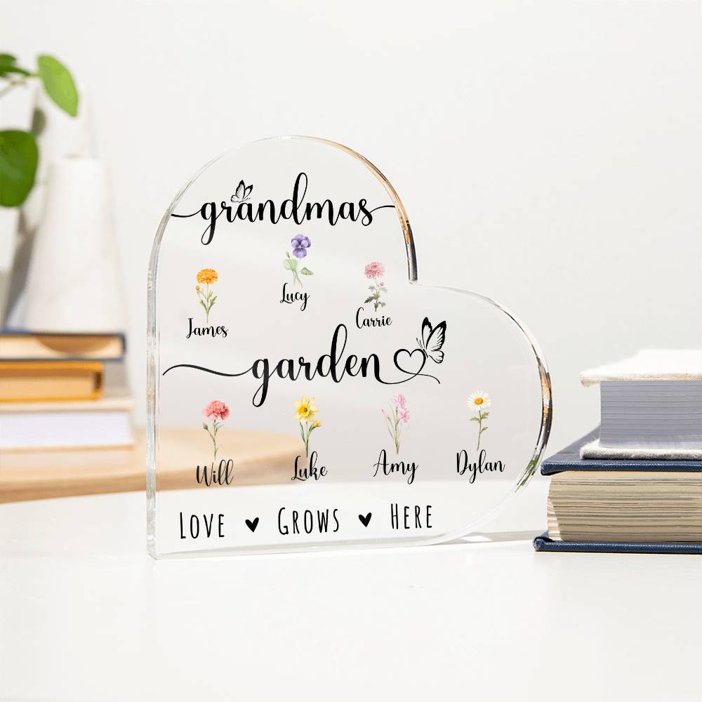 Grandma's Garden Heart Acrylic Plaque - Love Grows Here