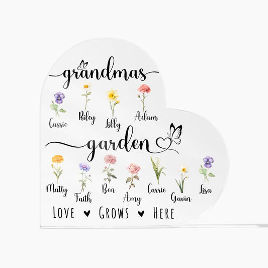 Grandma's Garden Heart Acrylic Plaque - Love Grows Here